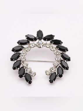 Vintage Black Rhinestone Brooch Wreath Silver Tone Mid Century Statement
